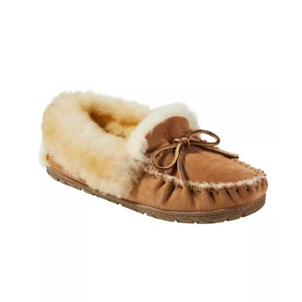LL Bean Wicked Good Moccasins Womens 10 Brown Suede Shearling Slippers Boho Cozy